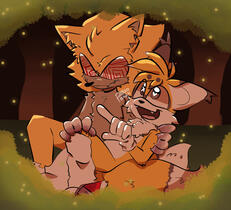 a drawing of fleetway super sonic and tails in the woods, presumably stargazing